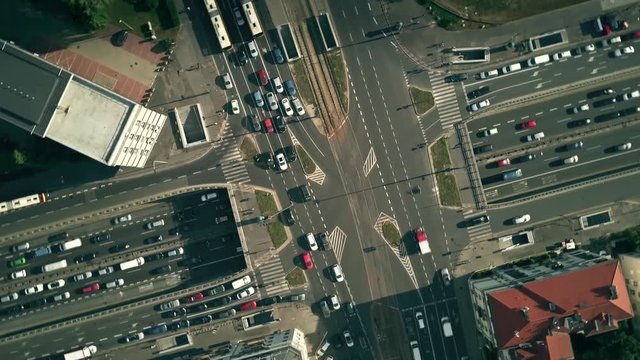 Aerial top down view hyperlapse of busy city streets intersection