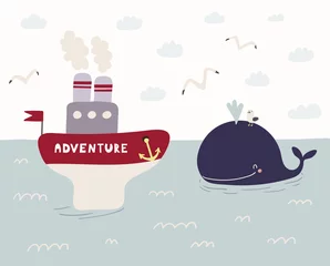 Sierkussen Hand getekende vectorillustratie van een leuke grappige walvis zwemmen in de zee, schip genaamd Adventure zeilen, meeuwen, wolken. Scandinavische stijl plat ontwerp. Concept voor kinderen, kinderkamer print. © Maria Skrigan