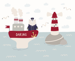 Hand drawn vector illustration of a cute funny sailor bear sailing on a ship, lighthouse, seagulls, clouds. Scandinavian style flat design. Concept for kids, nursery print.