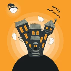Foto op Canvas Hand drawn vector illustration of a haunted house, kawaii funny moon in a witch hat, ghosts, with text Happy Halloween. Isolated objects. Line drawing. Design concept for print, card, party invitation © Maria Skrigan