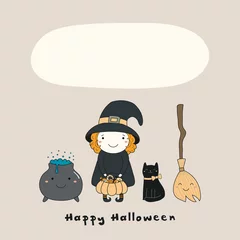 Foto op Aluminium Hand drawn vector illustration of a kawaii funny witch, cat, broomstick, pot, with text Happy Halloween, space for copy. Isolated objects. Line drawing. Design concept for print, card, invitation. © Maria Skrigan