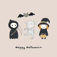 Hand drawn vector illustration of a kawaii funny death, witch, mummy, bat, with text Happy Halloween. Isolated objects. Line drawing. Design concept for print, card, party invitation.