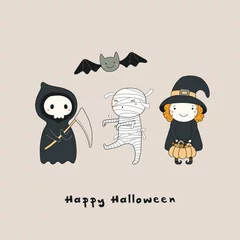 Zelfklevend Fotobehang Hand drawn vector illustration of a kawaii funny death, witch, mummy, bat, with text Happy Halloween. Isolated objects. Line drawing. Design concept for print, card, party invitation. © Maria Skrigan