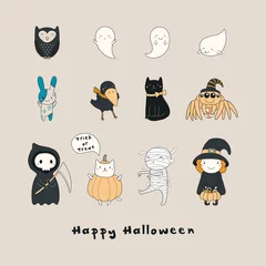 Zelfklevend Fotobehang Set of kawaii funny Halloween characters, with ghosts, cats, zombie bunny, witch, death, mummy, spider, owl, crow. Isolated objects. Hand drawn vector illustration Line drawing Design concept print © Maria Skrigan