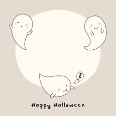 Zelfklevend Fotobehang Hand drawn vector illustration of a kawaii funny ghosts, with text Happy Halloween, space for copy. Isolated objects. Line drawing. Design concept for print, card, invitation. © Maria Skrigan