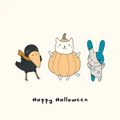 Foto op Canvas Hand drawn vector illustration of a kawaii funny crow, cat in a pumpkin, zombie bunny, with text Happy Halloween. Isolated objects. Line drawing. Design concept for print, card, party invitation. © Maria Skrigan