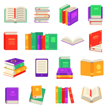 Paper and electronic books set with various close and open reading objects isolated on white background. Flat elements for education or literary leisure in vector illustration.