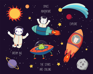 Set of cute funny cat, panda, deer astronauts, alien in space, with planets, stars, quotes. Hand drawn vector illustration. Line drawing. Design concept for children print.