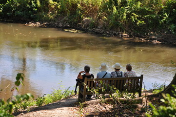 vier ältere Frauen sitzen auf Parkbank unter Bäumen am Flussufer