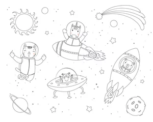 Peel and stick wall murals Illustrations Hand drawn black and white vector illustration of cute funny cat, bear, unicorn astronauts, alien in space, with planets, stars. Isolated objects. Line drawing. Design concept children coloring pages.