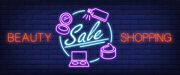 Beauty shopping, sale neon text and cosmetic accessories. Makeup, skincare and offer concept. Advertisement design. Night bright neon sign, colorful billboard. Vector illustration in neon style.