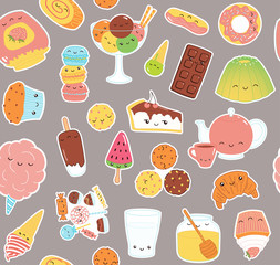 Hand drawn seamless vector pattern with kawaii funny sweet food stickers of cake, cookies, ice cream, candy, jam, macarons. Line drawing. Design concept kids textile print, wallpaper, wrapping paper.