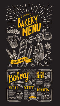 Bakery menu for restaurant. Design template with food hand-drawn graphic illustrations. Vector food flyer for bar and cafe on chalkboard background.