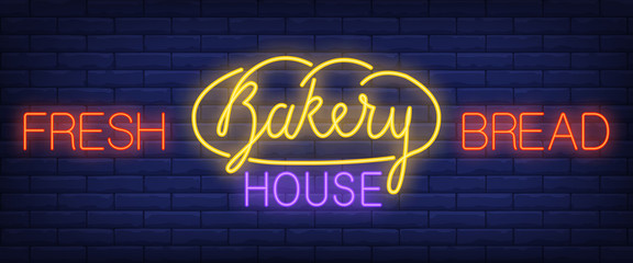 Fresh bread, bakery house neon text. Bakery shop and pastry concept. Advertisement design. Night bright neon sign, colorful billboard, light banner. Vector illustration in neon style.