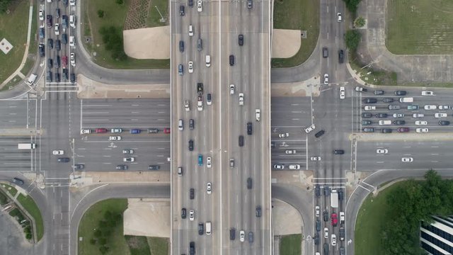 This video is about an aerial view of cars on freeway in Houston, Texas. This video was filmed in 4k for best image quality.
