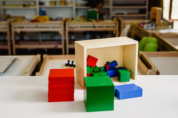 Material for the Sensory classroom of a montessori school isolated without anyone.