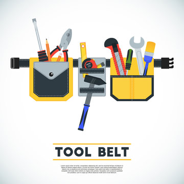Tool belt poster. Conceptual image of tools for repair, construction and builder. Concept image of work wear. Cartoon flat vector illustration. Objects isolated on a background.