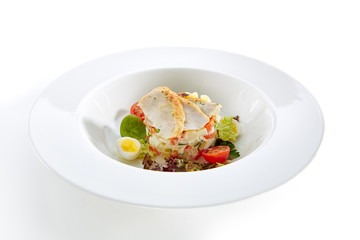 Salad with Chicken and Homemade Mayonnaise Isolated