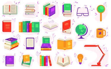 Paper and electronic books set with various close and open literature objects and accessories for reading isolated on white background. Education or literary leisure in flat vector illustration.