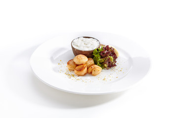 Fried Sea Scallop with White Sauce Isolated