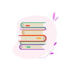 Lying stack of closed paper books with colorful covers and bookmarks isolated on white background - symbol of reading for studying or literary leisure in flat vector illustration.