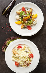 Salad Set with Fried Chicken and Caesar Salat Top View