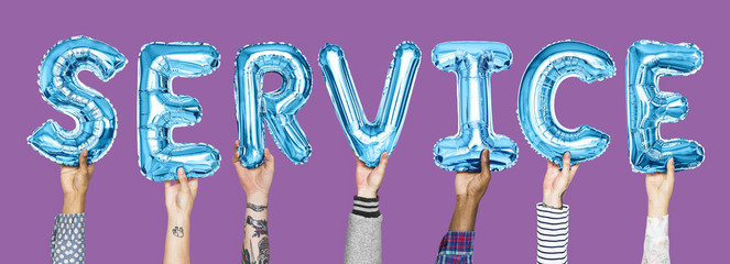 Blue alphabet balloons forming the word service