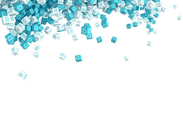 A lot of falling blocks with pictures of icons of social networking 3d illustration