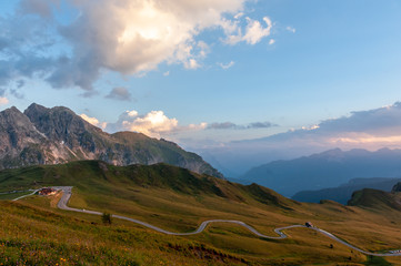 Sunset at the Passo di Giau, in the Italian Dolomites, on a late July evening.