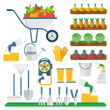 Garden tools, machinery for harvesting and farmers character. Vegetables and fruits in the garden. Flat vector cartoon illustration. Objects isolated on a white background.