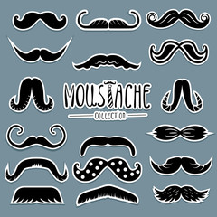 Moustache set collection used for photo booth props and party. Vector illustration isolated black and white  - obrazy, fototapety, plakaty