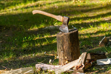 Old ax against a background of green grass