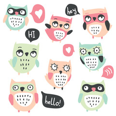 Cute cartoon vector owls collection