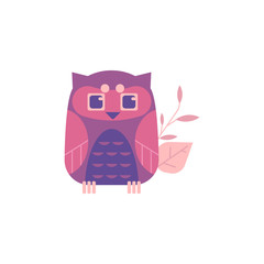 Cute sitting owl isolated on white background with decoration. Wild predator animal with funny face and large eyes - night bird for natural or halloween design in flat style, vector illustration.