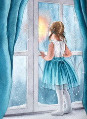 Watercolor girl near window. Hand drawn illustration.