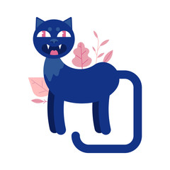 Cartoon spooky black witch cat with devil eyes standing on abstract floral background elements. Halloween holiday symbol, trick or treat traditional autumn horror kids celebration. Vector illustration