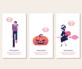 Halloween vertical banners set with traditional symbols of holiday in flat vector illustration - witch on broomstick, walking zombie with hole in skull and carved pumpkin for greeting or invitation.