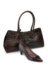 Pair of women shoes and handbag isolated over white