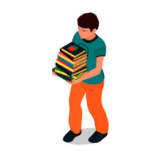 A boy with books in his hands. The boy is preparing to return to school and is in the hands of textbooks.