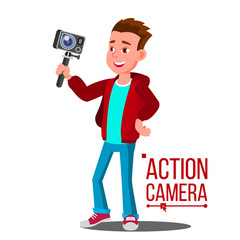 Child Boy With Action Camera Vector. Self Video, Portrait. Shooting Process. Isolated Cartoon Illustration