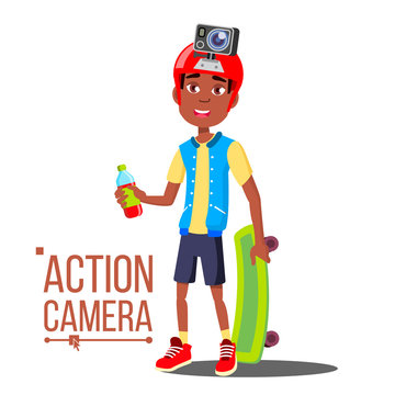 Child Boy With Action Camera Vector. Afro American Teenager. Red Helmet. Shooting Process. Active Type Of Rest. Isolated Cartoon Illustration
