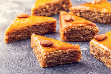 Homemade baklava with nuts and honey.