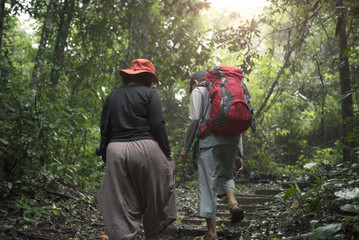 Group of Trekking in rainforest jungle. adventure and explorer concept.