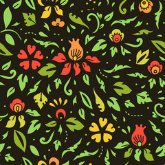 Colorful flowers and leaves on black, seamless pattern, vector