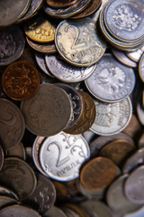 Lot of old Russian coins, top view. Money close-up