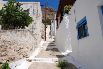 The whitewashed buildings of Megalo Chorio on the Greek island of Tilos. The village is the Capital of the island which has a population of around 780 people. © newsfocus1