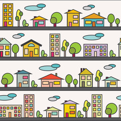 Seamless pattern with colorful houses and buildings