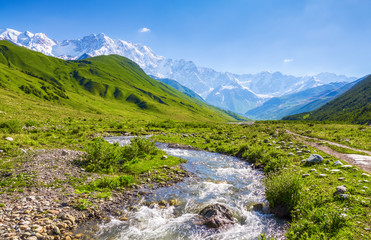From the river shore opens view on fantastic glacier. The landscape with the great beautiful...