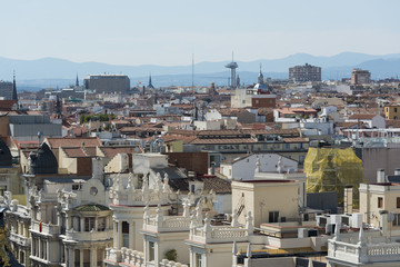 Elevated view of downtown Madrid with famous buildings