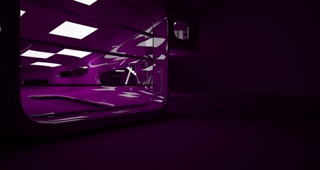 Abstract interior of the future in a minimalist style with violet sculpture. Night view . Architectural background. 3D illustration and rendering